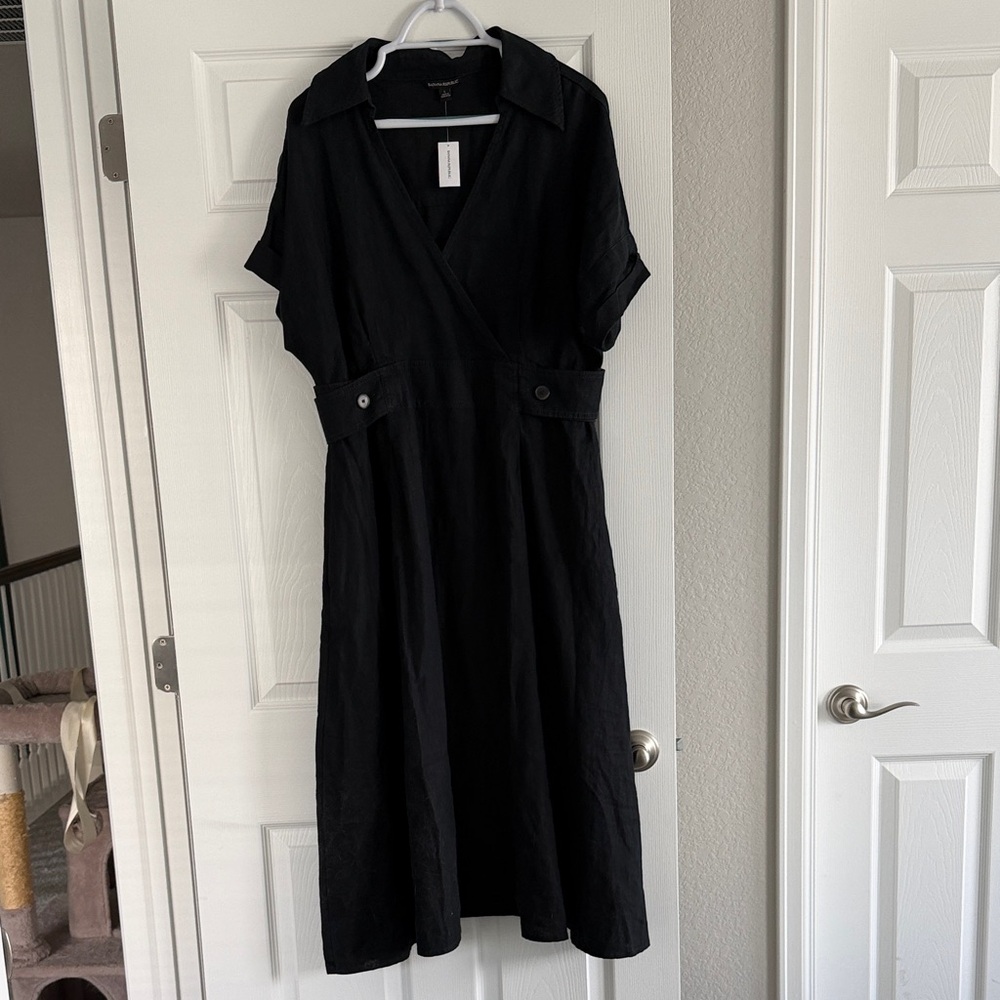 NWT Banana Republic Black Collared 100% Linen Midi Dress